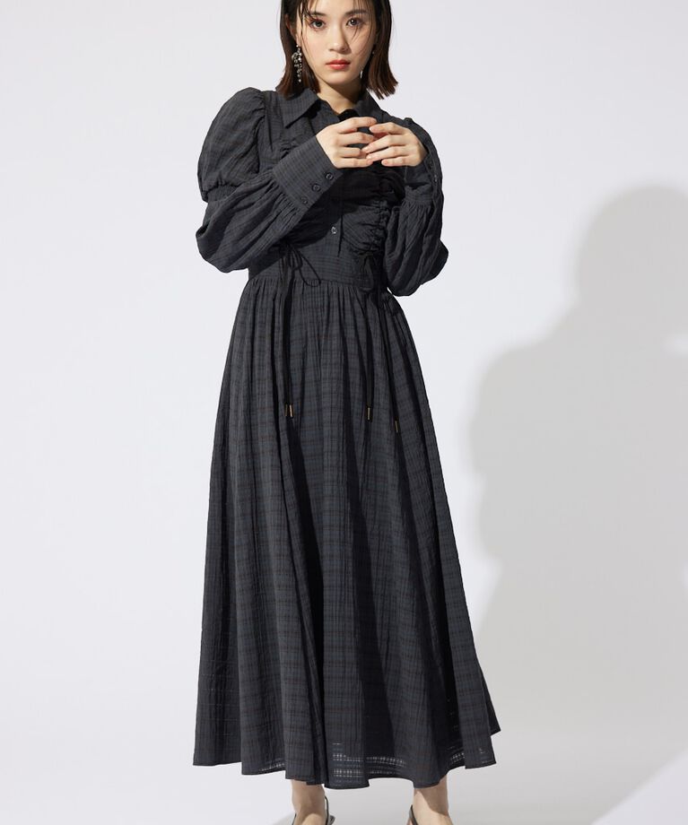 rienda「フロントシャーリングリボンシャツフレアワンピース」|ワンピース|L/BLK1
