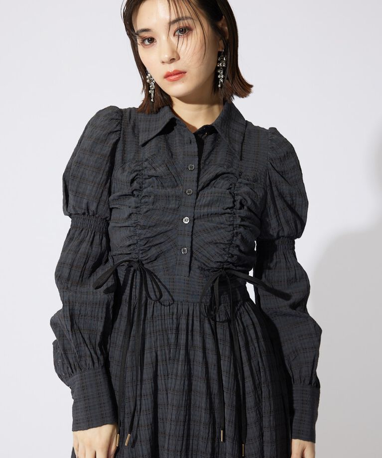 rienda「フロントシャーリングリボンシャツフレアワンピース」|ワンピース|