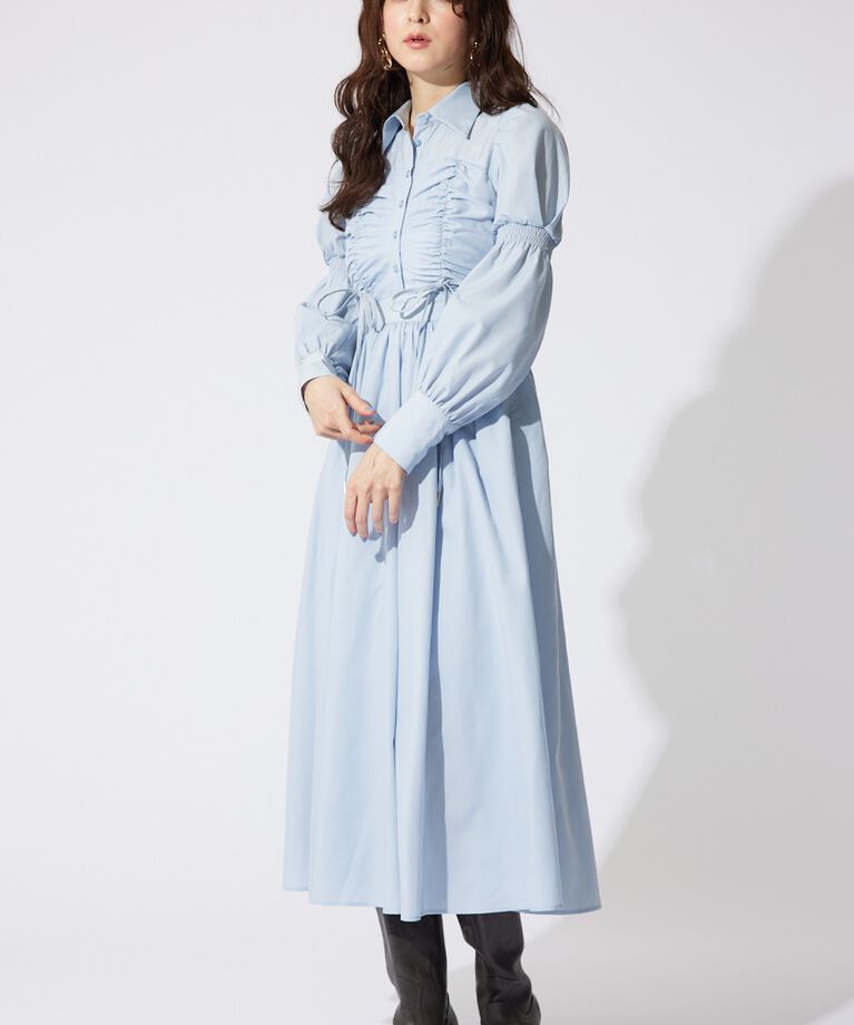 rienda「フロントシャーリングリボンシャツフレアワンピース」|ワンピース|