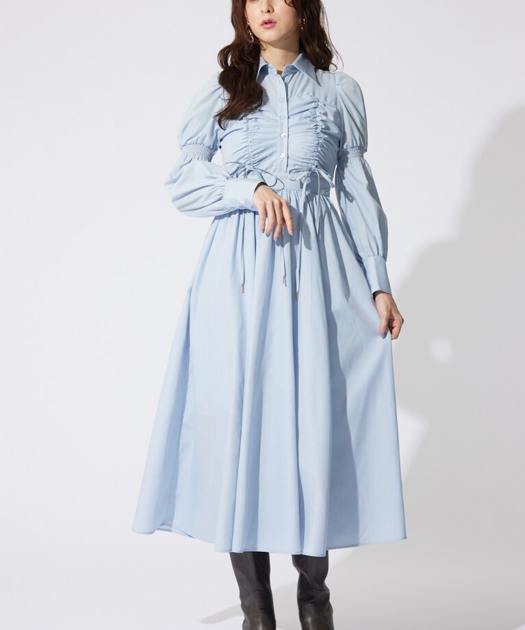 rienda「フロントシャーリングリボンシャツフレアワンピース」|ワンピース|