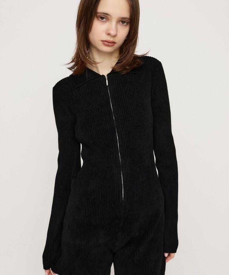 SLY「FRONT ZIP MOLE YARN ロンパース」|その他|BLK