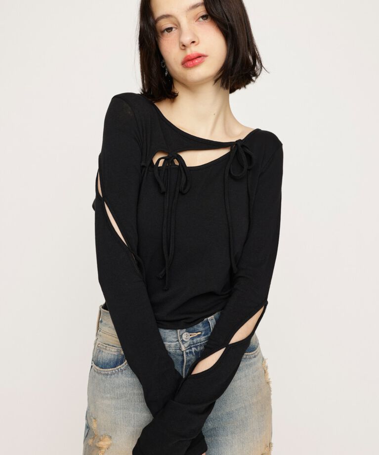 SLY「CUT OUT RIBBON トップス」|Tシャツ・カットソー|BLK