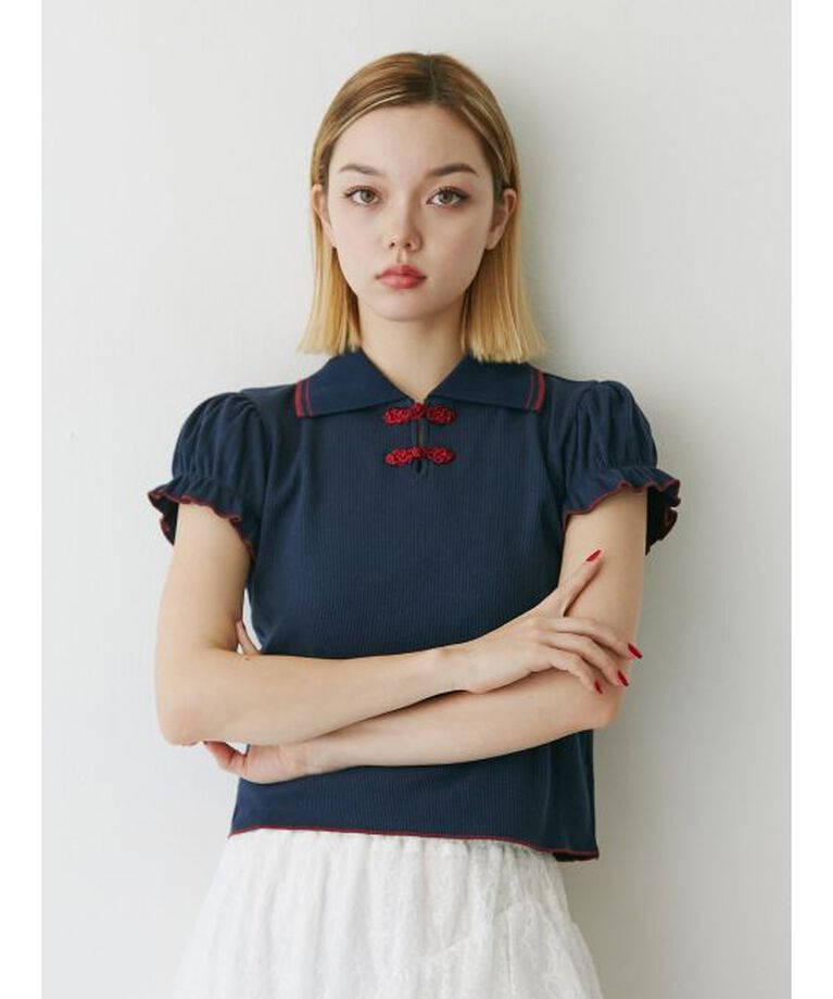 jouetie「パフスリーブチャイナポロトップス」|ポロシャツ|ネイビー
