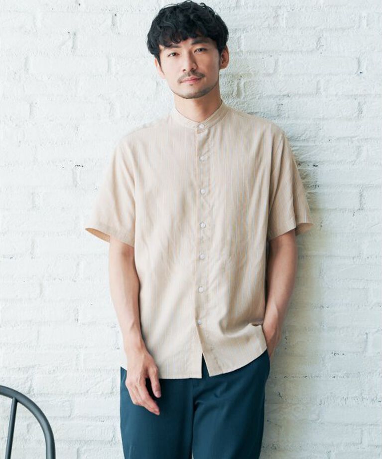 ikka「ヒヤットストライプバンドカラーシャツ」|シャツ・ブラウス|