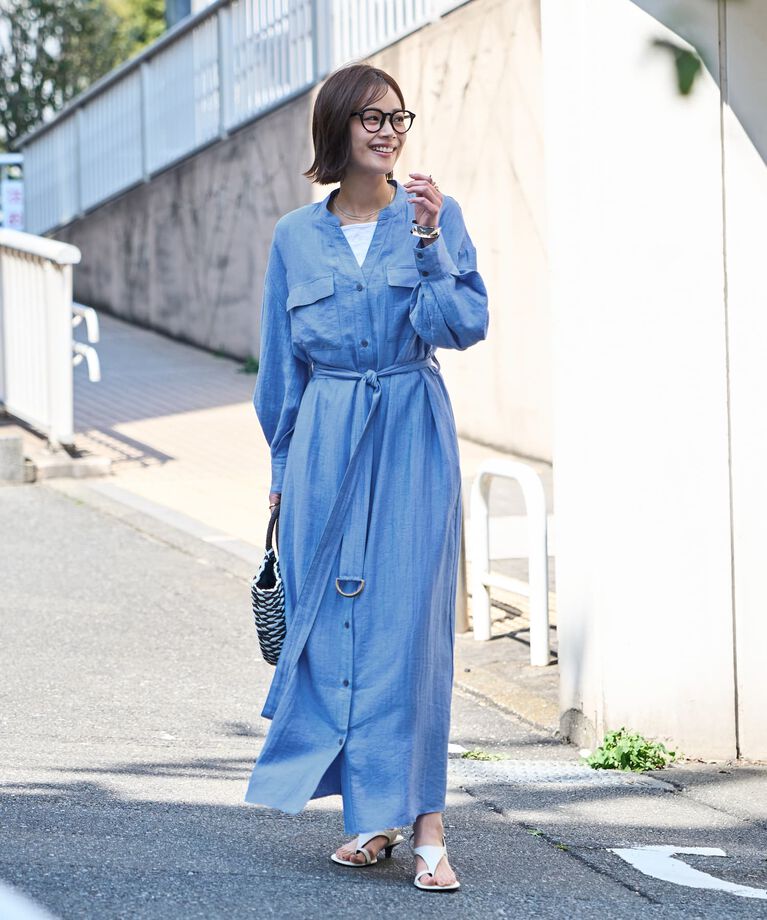 STYLE DELI「綿麻混紡ベルテッドシャツワンピース」|ワンピース|ブルー