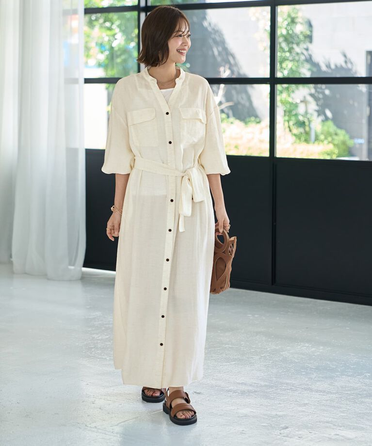 STYLE DELI「綿麻混紡ベルテッドシャツワンピース」|ワンピース|エクリュ