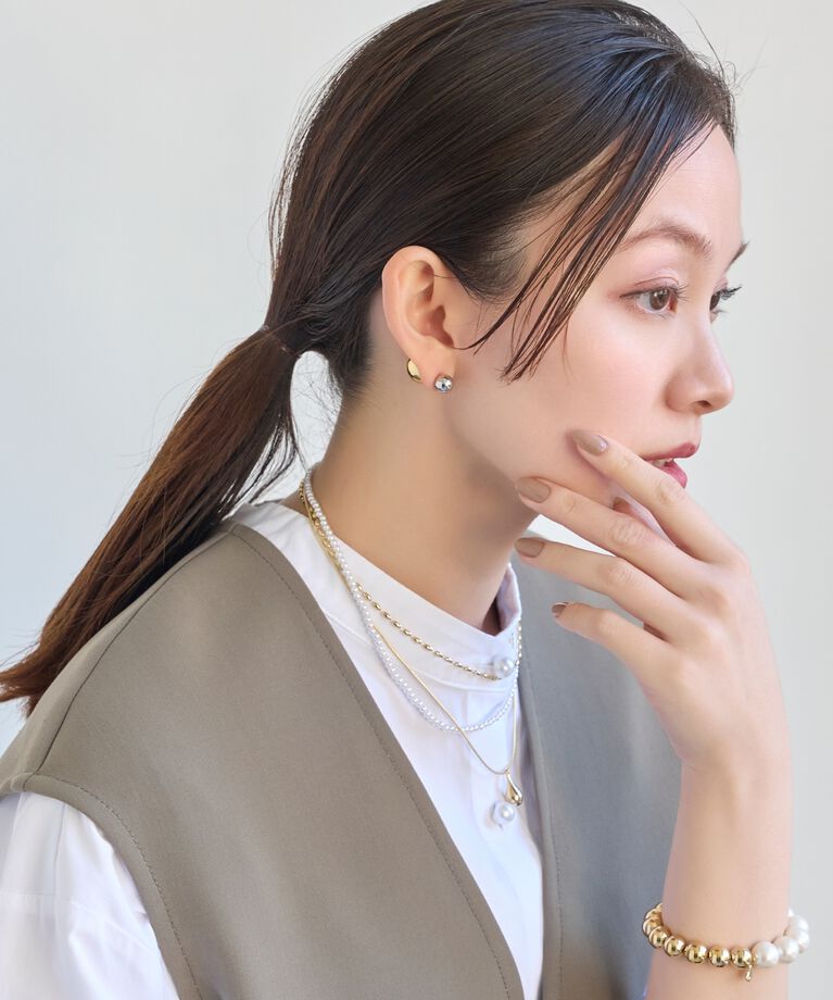 Phoebe「パール×ドロップメタル3連ネックレス　ゴールド」|ネックレス|