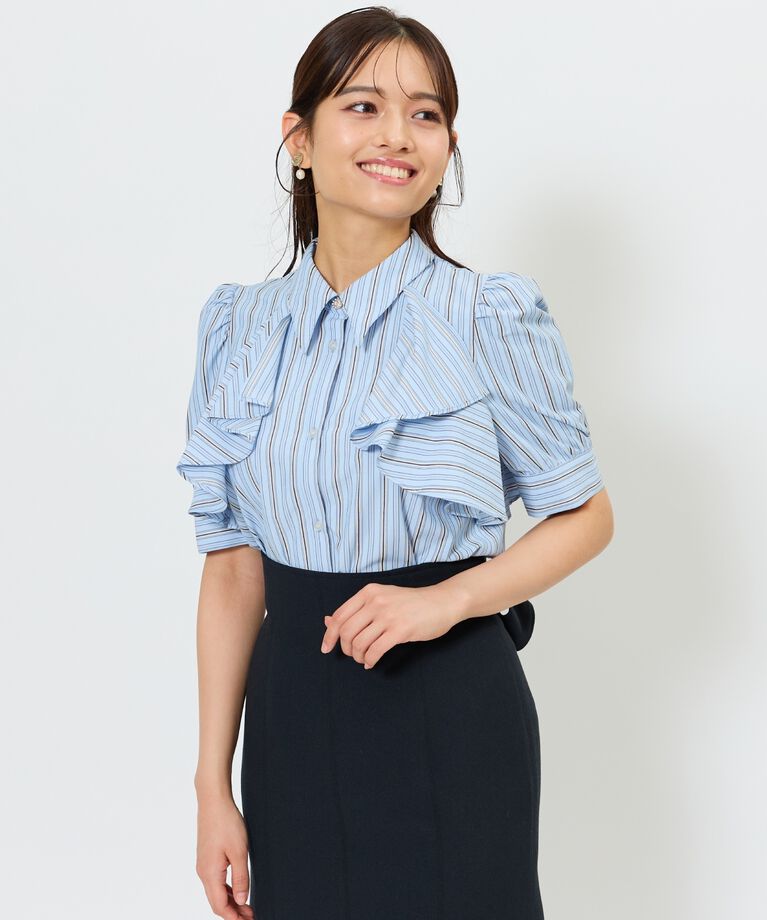 アンドクチュール「ビジューボタンストライプフリルブラウス」|シャツ・ブラウス|Navy/borderｽﾄﾗｲﾌﾟ