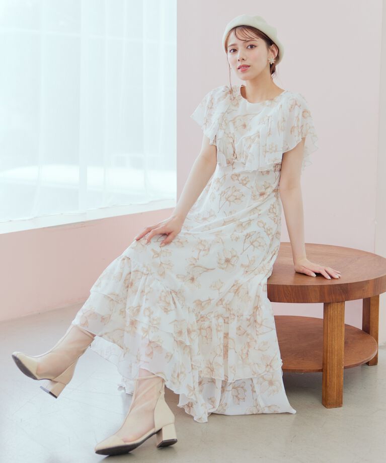 WILLSELECTION「ラインフラワー袖フリルワンピース」|ワンピース|