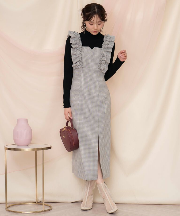WILLSELECTION「フリルショルダースリットワンピース」|ワンピース|黒系チェック