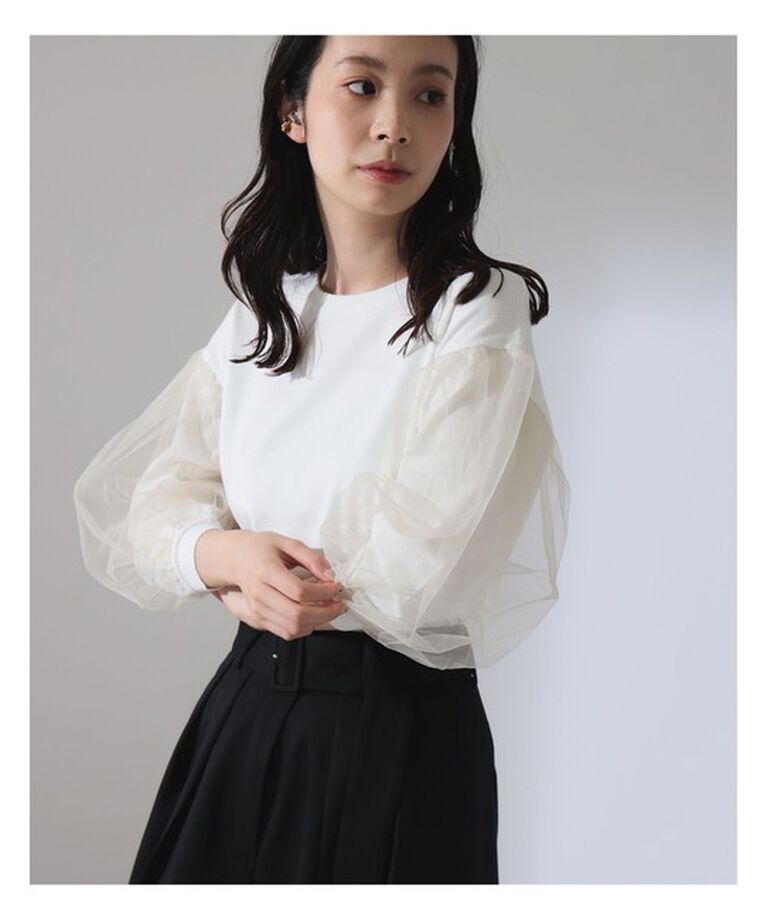Demi-Luxe BEAMS 「チュール スリーブ クルーネック プルオーバー」|ニット・セーター|OFF_WHITE
