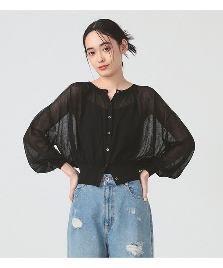 Ray BEAMS 「シアー ギャザー クルーネック カーディガン」|カーディガン|BLACK