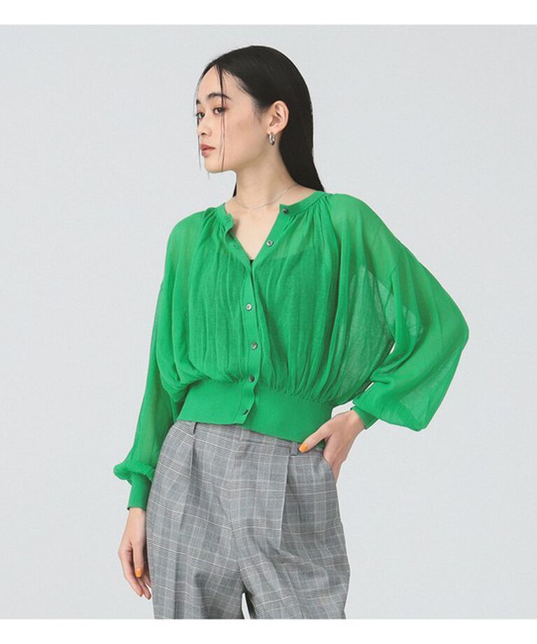 Ray BEAMS 「シアー ギャザー クルーネック カーディガン」|カーディガン|GREEN