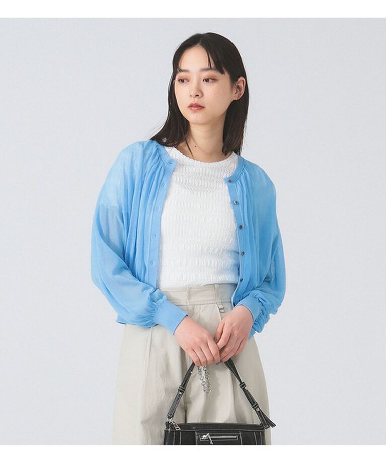 Ray BEAMS 「シアー ギャザー クルーネック カーディガン」|カーディガン|BLUE