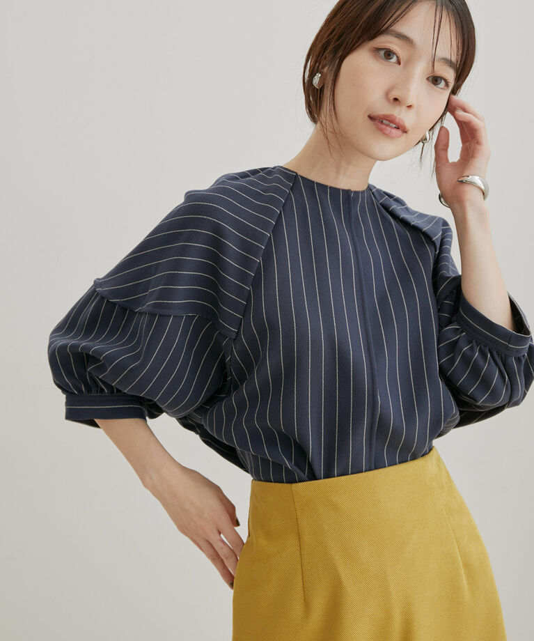 VIS「【Washable・EASY CARE】ストライプ＆無地エコウールタッチブラウス【sustainable】」|シャツ・ブラウス|ネイビー系(41)