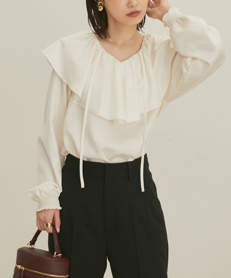 VIS「【セットアップ対応】【洗える】モノグラムフリルシャーリングブラウス」|シャツ・ブラウス|