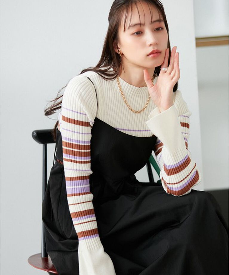 VIS「【洗える】モックネック袖スリットリブニット」|ニット・セーター|
