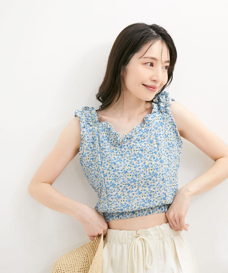 VIS「【WEB限定】【洗える】プリントジャガードノースリブラウス」|シャツ・ブラウス|ブルー系(45)