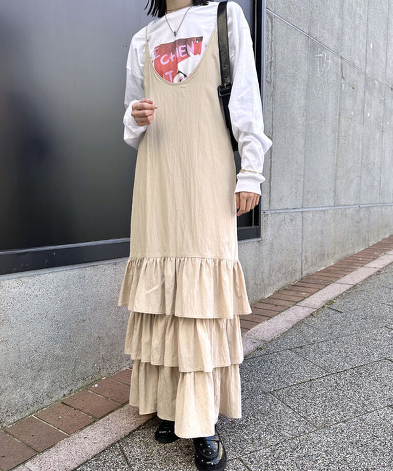  「ティアードフリルキャミワンピース」|ワンピース|ベージュ