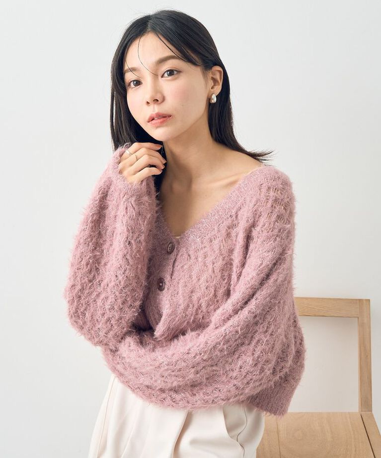 earth music&ecology「フェザーラメニットカーディガン」|カーディガン|Dark pink