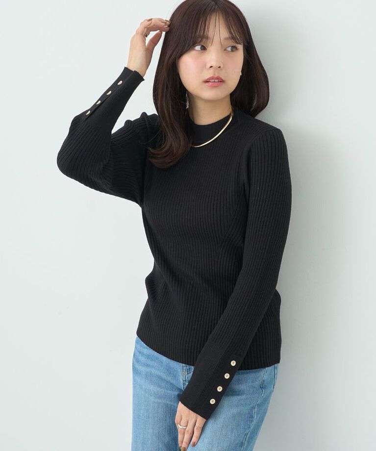 earth music&ecology「スリーブ釦ニットプルオーバー」|ニット・セーター|Black