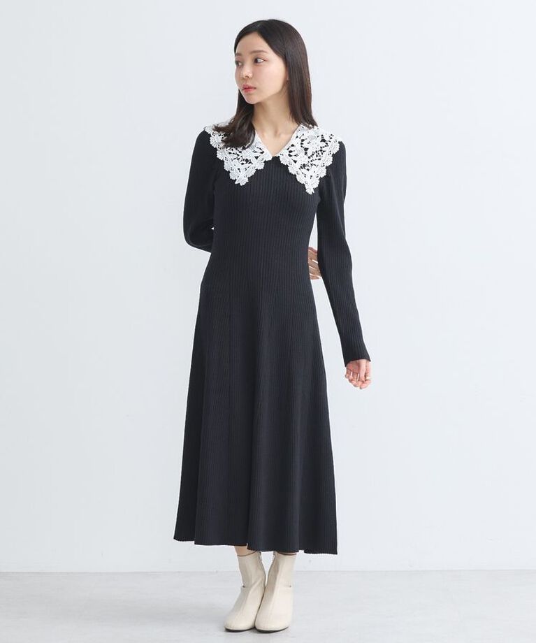 earth music&ecology「襟レースニットワンピース」|ワンピース|Black