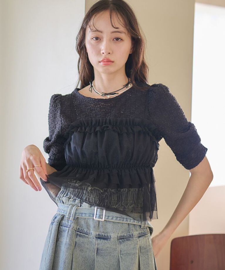 earth music&ecology「SET2点フラワープルオーバー＋チュールビスチェ　25SS　夏」|Tシャツ・カットソー|