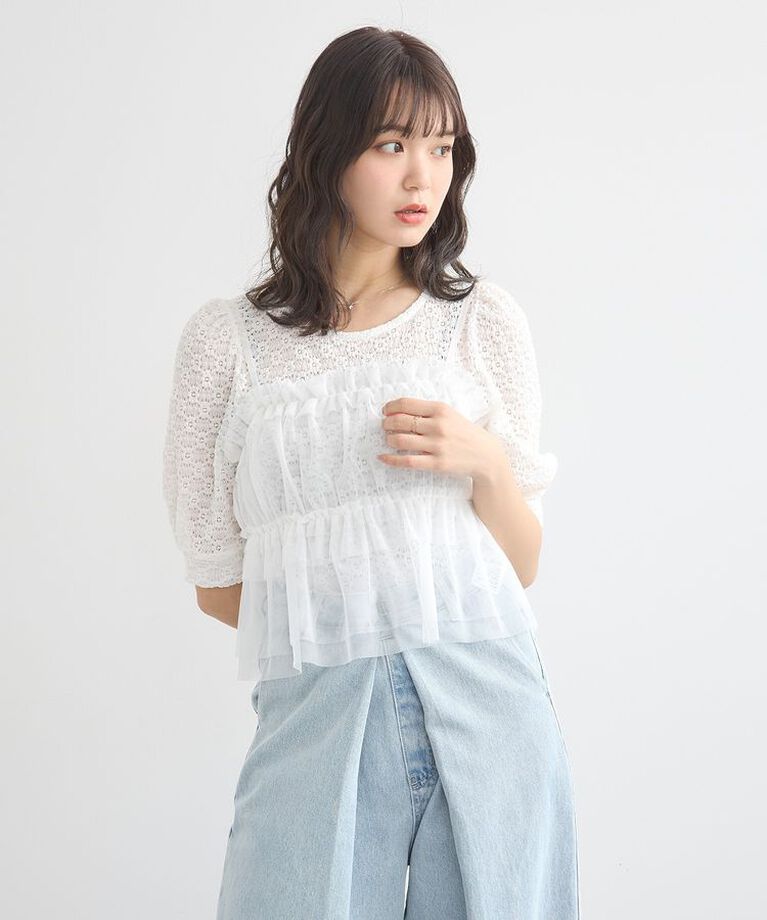 earth music&ecology「SET2点フラワープルオーバー＋チュールビスチェ　25SS　夏」|Tシャツ・カットソー|