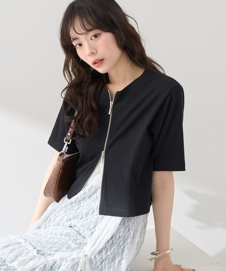 earth music&ecology「カットリブWジップカーディガン」|カーディガン|Black