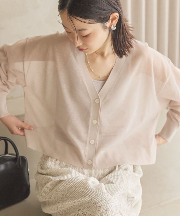 AMERICAN HOLIC「ウォッシャブルショート丈シアーカーディガン」|カーディガン|Light beige