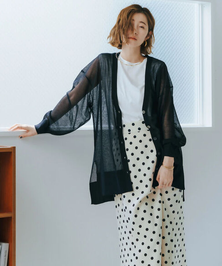 YECCA VECCA「シアーニットミドル丈カーディガン」|カーディガン|Black