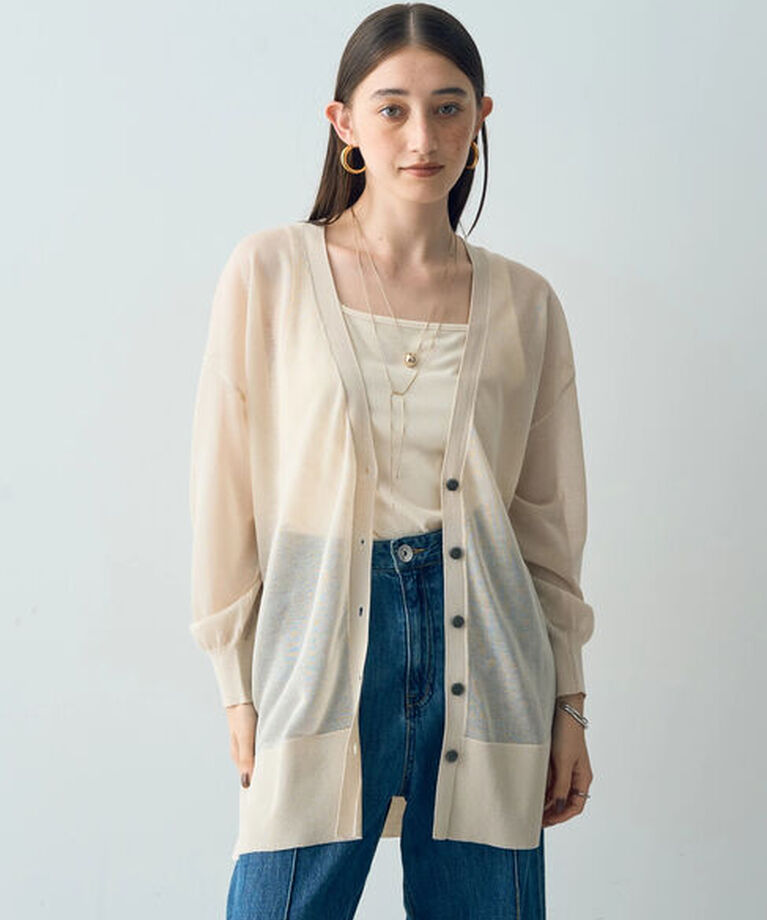 YECCA VECCA「シアーニットミドル丈カーディガン」|カーディガン|Light beige