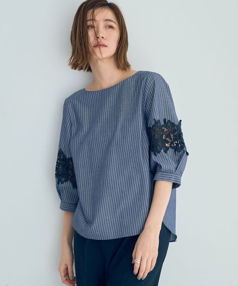 YECCA VECCA「レース切替ブラウス」|シャツ・ブラウス|Stripe Navy