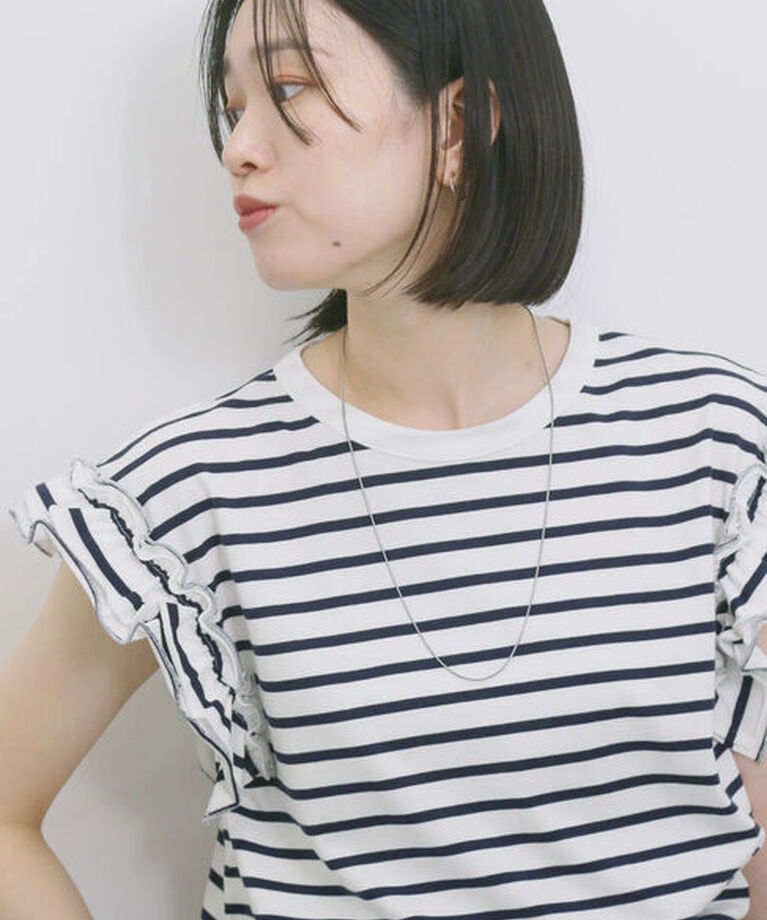 Samansa Mos2 blue「【接触冷感】フリル袖フレンチT」|Tシャツ・カットソー|