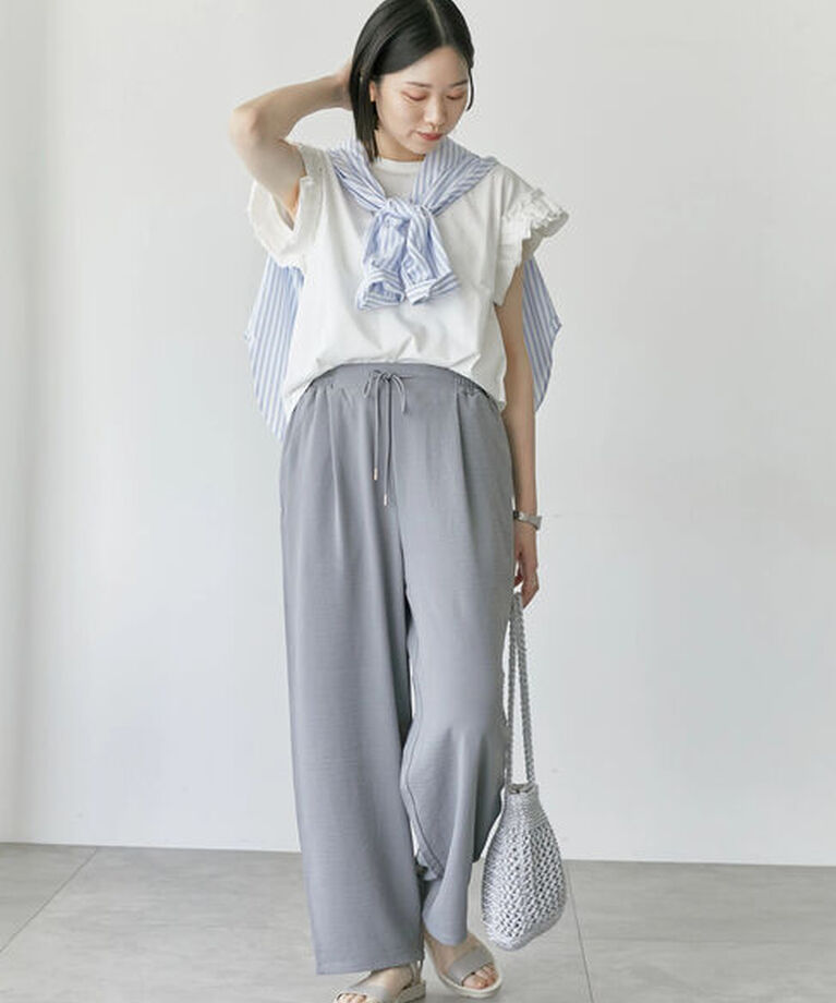 Samansa Mos2 blue「【接触冷感】フリル袖フレンチT」|Tシャツ・カットソー|