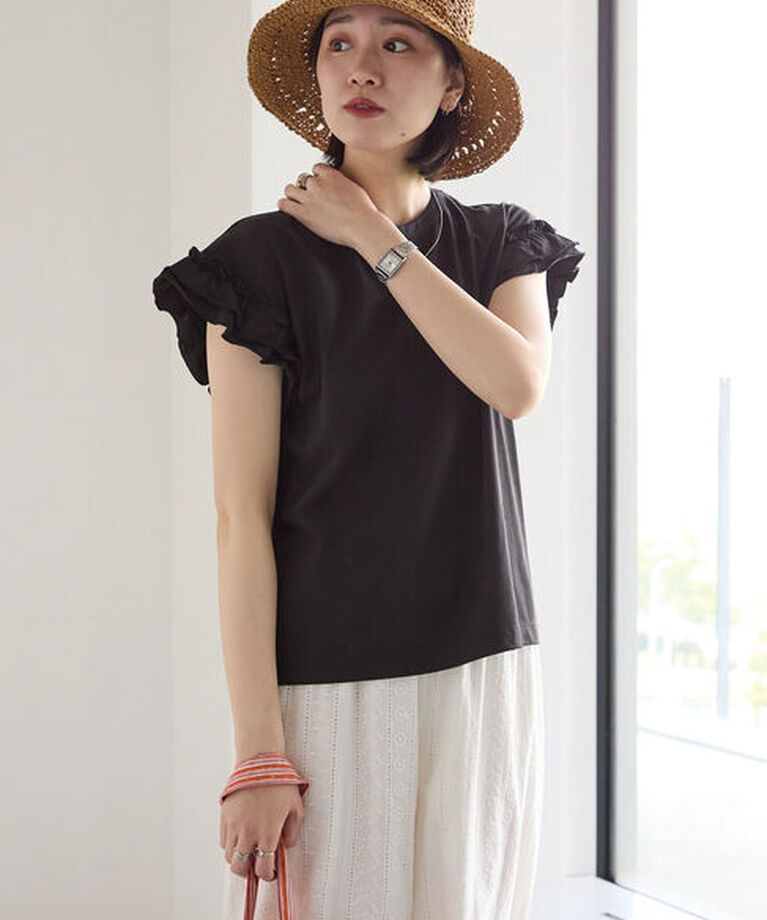 Samansa Mos2 blue「【接触冷感】フリル袖フレンチT」|Tシャツ・カットソー|