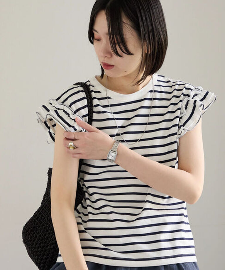 Samansa Mos2 blue「【接触冷感】フリル袖フレンチT」|Tシャツ・カットソー|