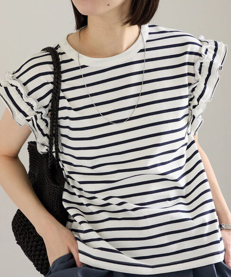 Samansa Mos2 blue「【接触冷感】フリル袖フレンチT」|Tシャツ・カットソー|