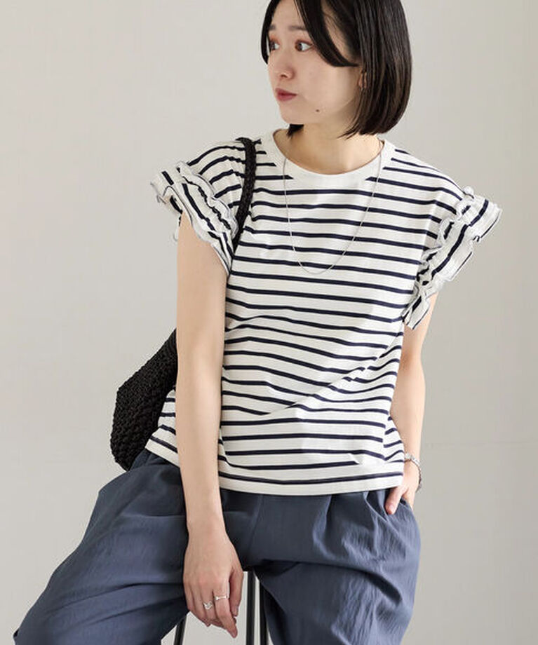 Samansa Mos2 blue「【接触冷感】フリル袖フレンチT」|Tシャツ・カットソー|