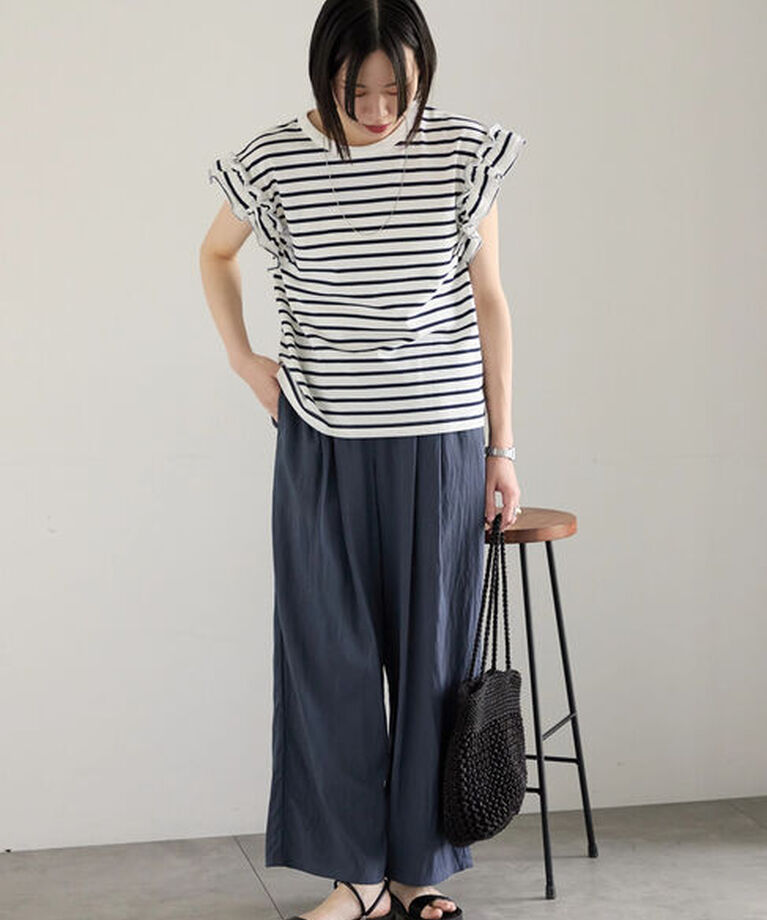Samansa Mos2 blue「【接触冷感】フリル袖フレンチT」|Tシャツ・カットソー|