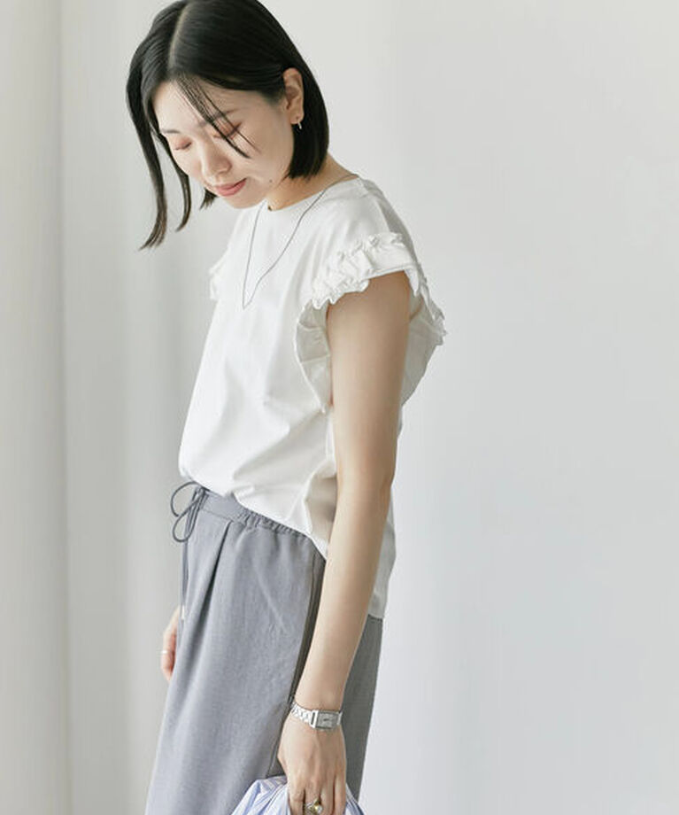 Samansa Mos2 blue「【接触冷感】フリル袖フレンチT」|Tシャツ・カットソー|