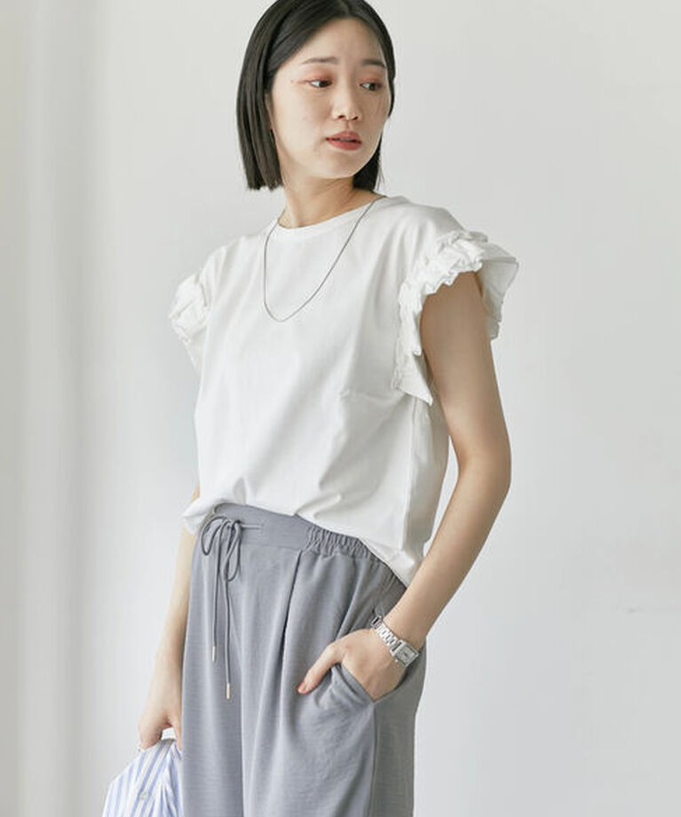 Samansa Mos2 blue「【接触冷感】フリル袖フレンチT」|Tシャツ・カットソー|