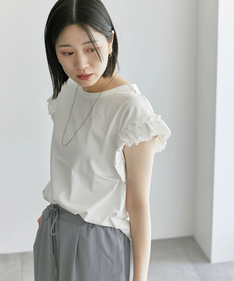 Samansa Mos2 blue「【接触冷感】フリル袖フレンチT」|Tシャツ・カットソー|