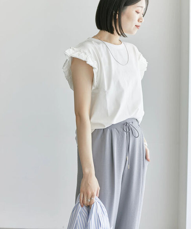 Samansa Mos2 blue「【接触冷感】フリル袖フレンチT」|Tシャツ・カットソー|