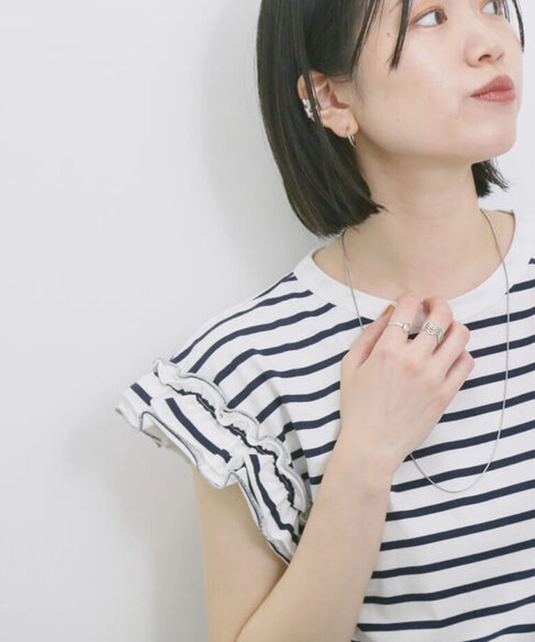 Samansa Mos2 blue「【接触冷感】フリル袖フレンチT」|Tシャツ・カットソー|