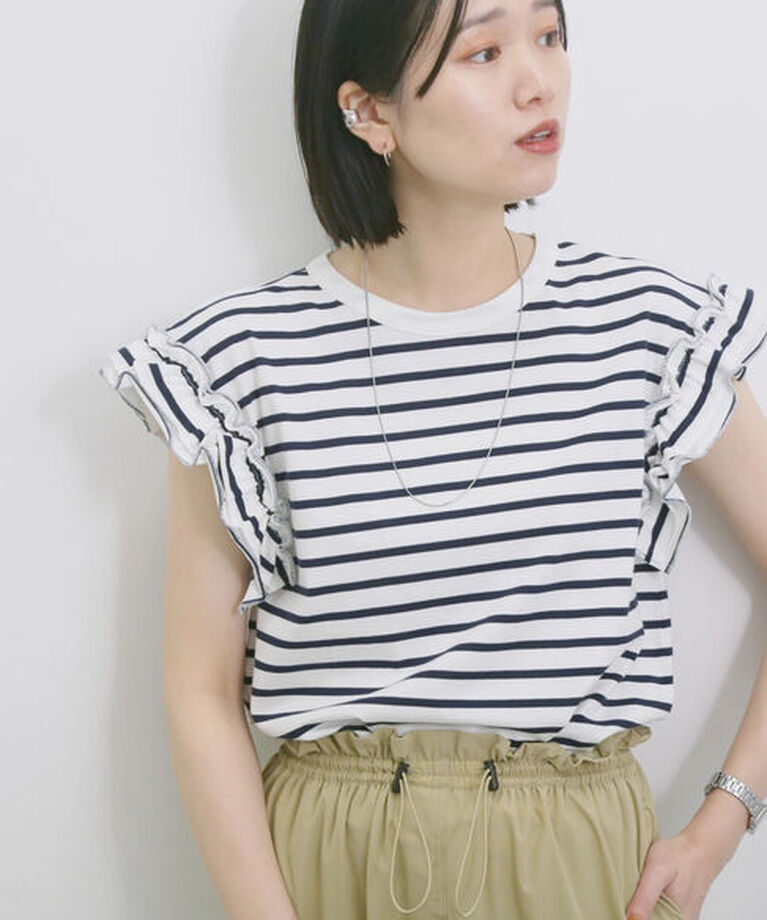 Samansa Mos2 blue「【接触冷感】フリル袖フレンチT」|Tシャツ・カットソー|