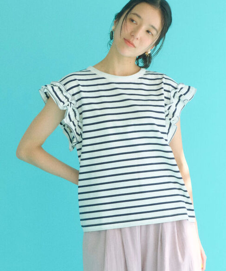 Samansa Mos2 blue「【接触冷感】フリル袖フレンチT」|Tシャツ・カットソー|