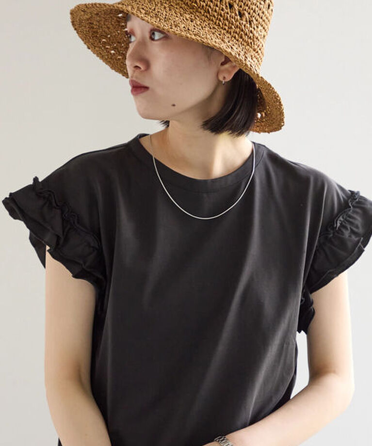 Samansa Mos2 blue「【接触冷感】フリル袖フレンチT」|Tシャツ・カットソー|ブラック
