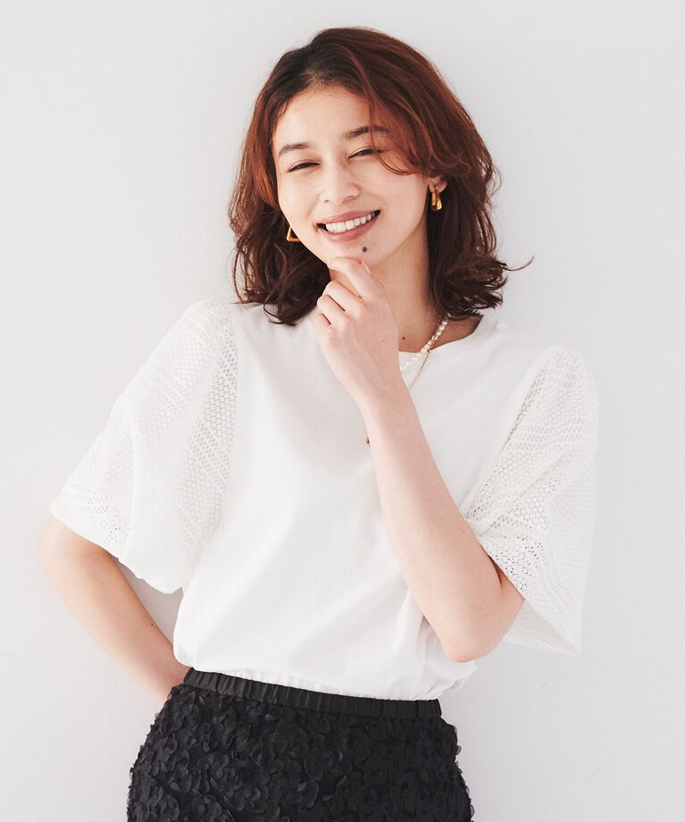UNTITLED「【今年も登場！フェミニントップス】袖幾何レースカットソー」|Tシャツ・カットソー|