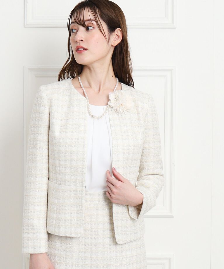 COUP DE CHANCE「【日本製/セレモニー/ファンシーツィード】ハレの日からオフスタイルまで！上品に華やぐジャケット」|ノーカラージャケット|ﾎﾜｲﾄ(401)